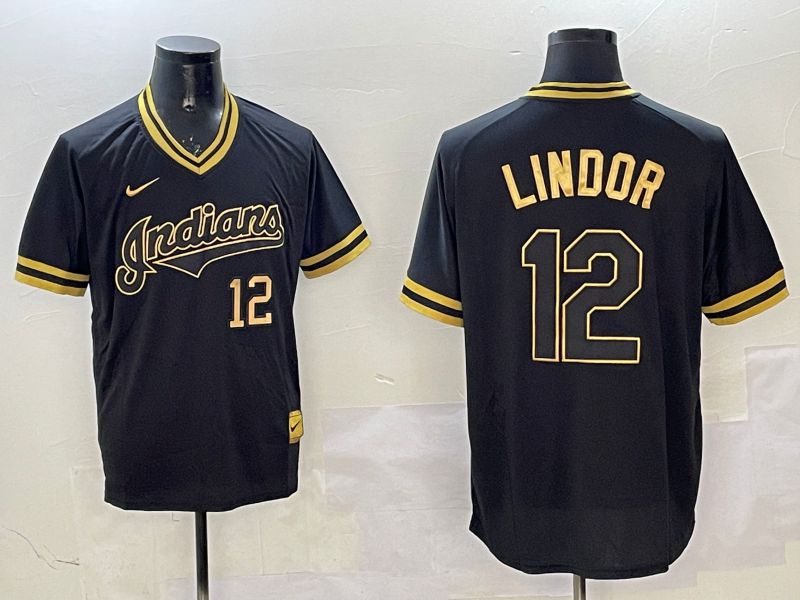 Men Cleveland Indians #12 Lindor Black Gold Game 2025 Nike MLB Jersey style 6